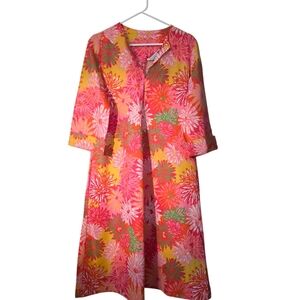 Vintage Tailor Made Bright Floral Daisy Print Pink Yellow Mod Shift Dress 14 EUC